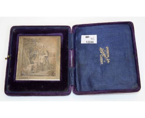 A cased engraved silver panel depicting Kaiser Wilhelm in dress uniform beside a horse 8 x 2cm, Birmingham 1912