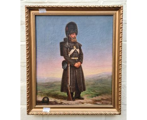 R S L Pigot (19th century British)
A portrait of a Coldstream Guardsman of The Crimean War period holding a rifle.
Oil, signe