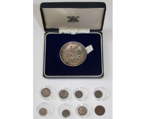 1969 Prince of Wales investiture medal 69 grams, sterling silver royal mint, boxed toned patch plus silver rupees Ceylon coin