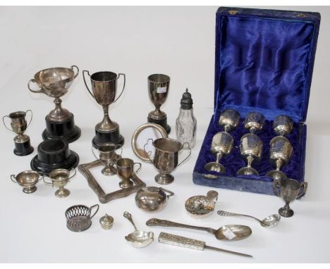 A quantity of silver and plate including trophy cups, a vesta case and cutlery