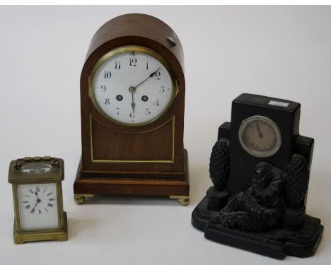 An Edwardian mahogany cased mantle clock, the gong striking movement named Samuel Marti, faced by enamel Arabic dial, 29cm, a
