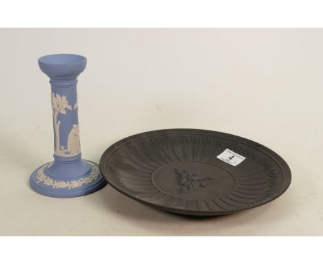 Wedgwood items to include: Commemorative plate dated 1975 for the New Museum &amp; Blue Jasper Candlestick(2) 