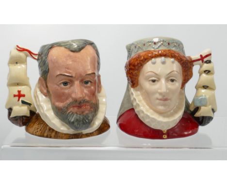 Royal Doulton small size character jugs Queen Elizabeth I: D6821 and King Phillip of Spain D6822(2) 