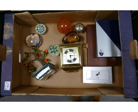 A mixed collection of items to include: Whittington &amp; Westminster Carriage Clock, Leather cased Games Compendium, Glass P
