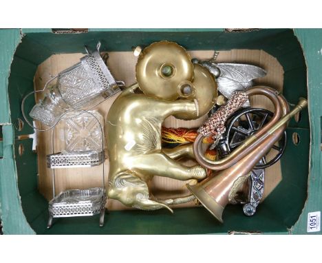 A mixed collection of metal items to include: Copper Bugle, heavy brass elephant, heavy enameled cannon etc 