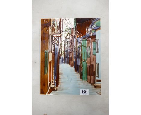 Large Tube lined Wall Pate Tile with High Street Scene View: 36cm x 28cm 