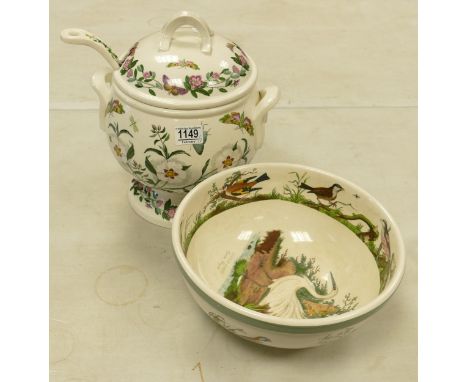Large Portmierion Botanic Garden Patterned Soup Tureen &amp; Ladle, together with similar Bird of Britain patterned fruit bow