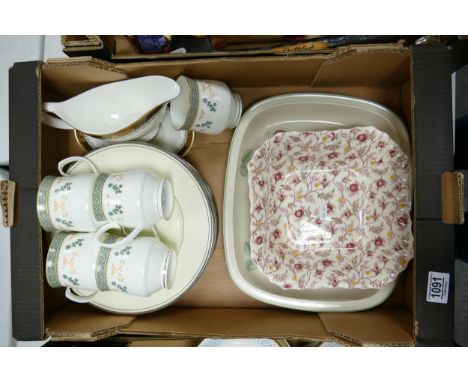 A mixed collection of items to include: Wedgwood Raspberry Cane Patterned Large Platter, Copeland Spode Rosebud Chintz Floral