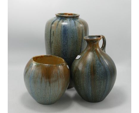 Three Mottle Glazed Studio Pottery item including Vases, Ewer &amp; smaller vase, largest 24cm(3) 