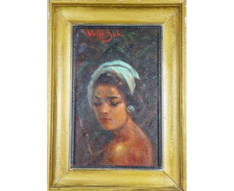 Portrait of a Balinese young woman, texturized and impasto oil on board, signed upper left: Wolff Sch. Lot includes book on t