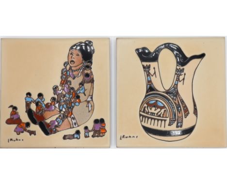 Pair of ceramic tiles or trivets, one decorated with a Native American storyteller figure, the other of an American Indian we