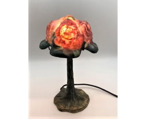 A fine Pairpoint Boudoir lamp with reverse painted puffy "Rose Bouquet" shade. It is decorated with large red &amp; yellow ro