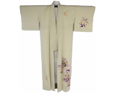 A cream Japanese vintage kimono with colorful flowers. The size is 66 x 54 in.The kimono is a traditional Japanese garment an