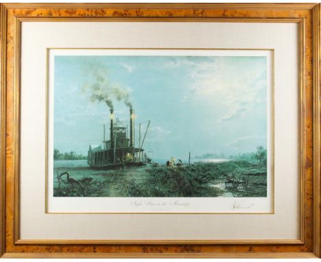"Night Stops on the Mississippi" lithograph is signed in pencil and numbered 644/750. Published by Maritime Heritage Prints I