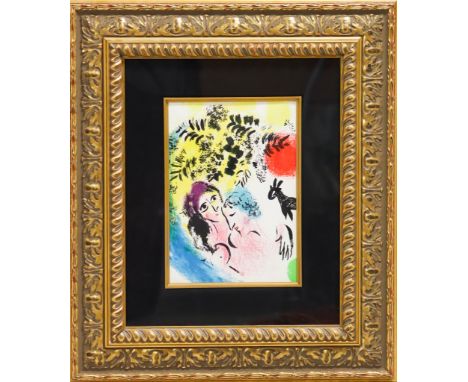 This lithograph by Marc Chagall is titled Lovers with Red Sun and was published byGeorge Braziller in New York in 1960. The l