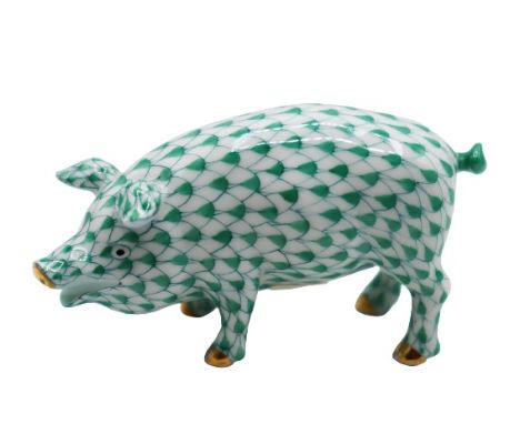 Green ceramic pig with typical Herend Hungary fishnet pattern.  Mark on bottomSize: 2 x 3 1/2 x 1 in.