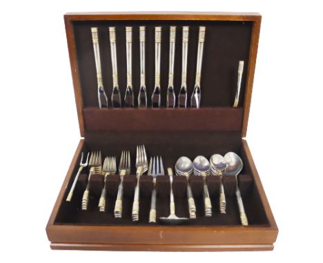 Wallace sterling silverware set, marked sterling. Knives are sterling handle and stainless blades. "Golden Aegean Weave" by W