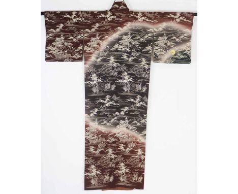 A brown Japanese vintage Kimono with scenes of trees, water and the moon. The size is 66 x 54 in. The kimono is a traditional