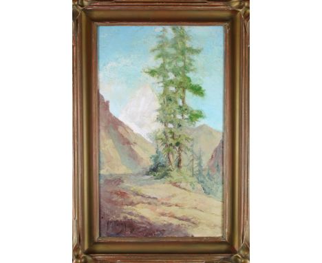 "Index Mountain" Washington State, vertical landscape of pine trees in the mountains.  Oil on canvas, signed lower left.  Rub