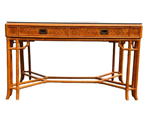 Console table with woven features and bamboo style wood. Features two drawers. Size: 56 x 30 x 33 in.