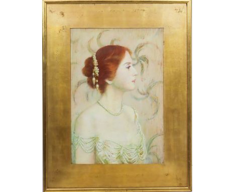 Elegant profile portrait of a beautiful woman with red hair, pastel framed under glass. Artist Anita C. Ashley was one of the