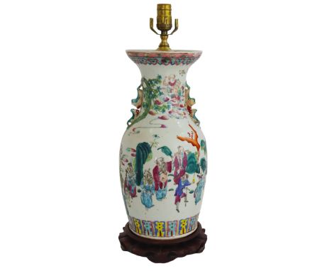 Chinese Hand painted vase with figures and scenes, mounted as a lamp. size: 23 x 9 in.