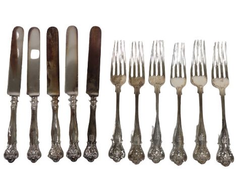Eleven pieces in total. Forks and knife handles are sterling. Knives were not weighed. Fork Weight: 11.905 ozt. approximately