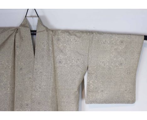 Gray and cream Japanese vintage kimono with intricate detailing. The size is 66 x 54 in. The kimono is a traditional Japanese