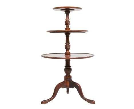 Antique mahogany three tiered table, also known as dumbwaiter. Original patina.Size: 44 x 26 in.
