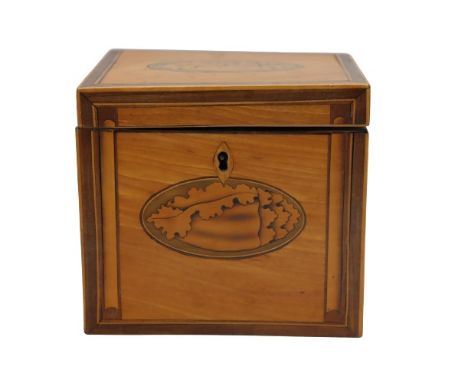 Good condition, inlaid tea caddy. Size: 4 3/4 x 5 1/4 in. Please note that all sales are final. No refunds will be given unde