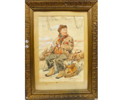 Genre portrait of a small town fellow with his bags of fish, smoking while he rests. Framed watercolor, Signed lower right an