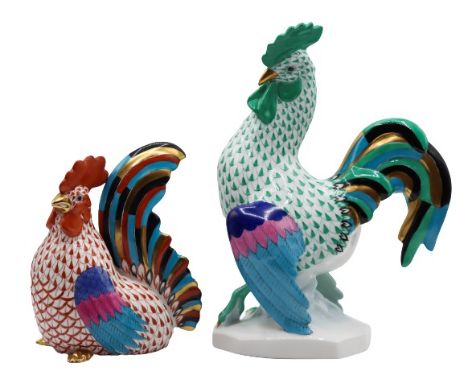 One sitting red rooster and one standing green bird, both colorfully hand-painted with the Herend Hungary typical scale desig