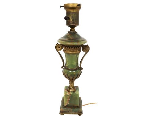 Nice tall French green stone mounted table lamp with gilt brass detailing and gilt brass handles. Size: 17 x 4 in. Please not