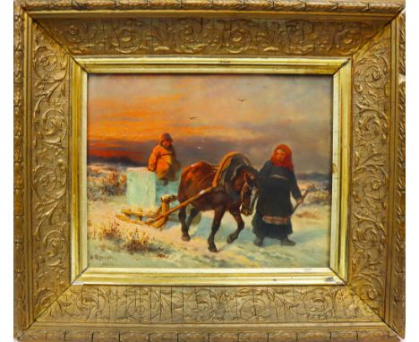 Russian figures in a winter scene with waning light, transporting ice block via horse and sled. Oil on panel, framed under gl