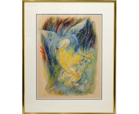 This is a biblical-themed lithograph by Reuven Rubin, a Romanian-born Israeli artistwho painted in the style of Marc Chagall 