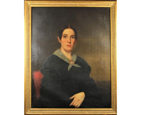 19th C, oil on canvas, portrait of seated woman. nice gilt frame.Sight: 32 3/4 x 25 3/4 in.Overall: 37 x 30 1/4 in.Please not