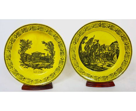 Ten piece French Creil Porcelain set in canary yellow. Four pictorial plates and six pictorial saucers. Measurements: Plates 