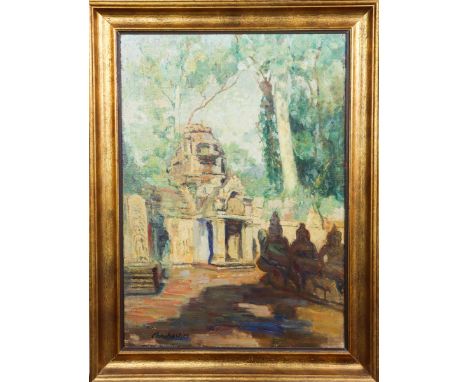 Serene view of an Indonesian/Polynesian temple with architectural details, set amongst the trees, with three religious sculpt