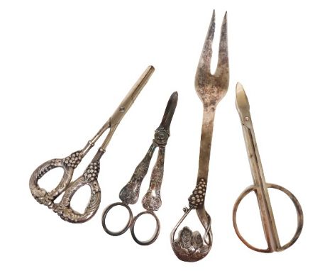 Included are 2 sterling silver pieces and 2 silverplated shears. They consist of: 1 Christofle Paris grape pattern shears, 1 