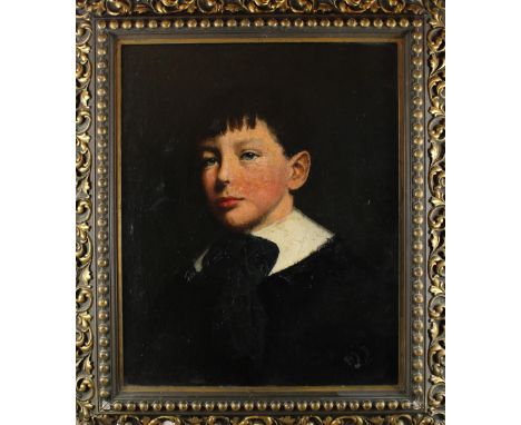 Portrait of a blue-eyed, dark-haired school boy wearing a serious expression, and black & white uniform.Overall: 26 3/4 x 23 