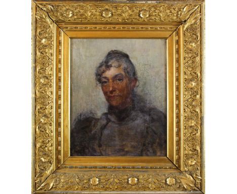 Muted self-portrait of the artist. Oil on canvas, signed, exhibit label verso. Pauline Dohn received her art training in Chic