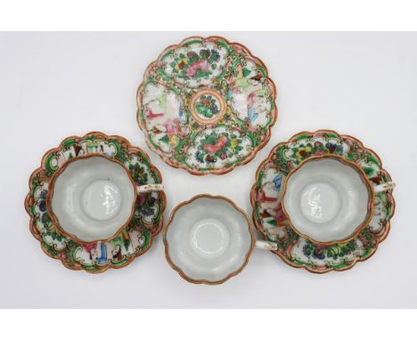 Set of three Chinese teacups with saucers, six pieces in total.Size: 3 1/2 x 5 1/2 in. Please note that all sales are final. 