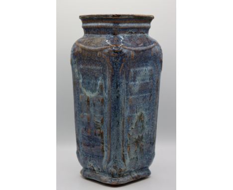 Square shaped tall blue ceramic vase,Size: 13 x 5 1/2 in.