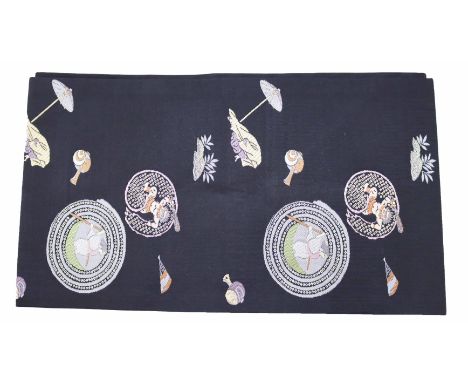 Japanese vintage obi in charcoal and bright colors with embroidery. The size is 144 in long x 6 1/2 in.An obi is a belt worn 