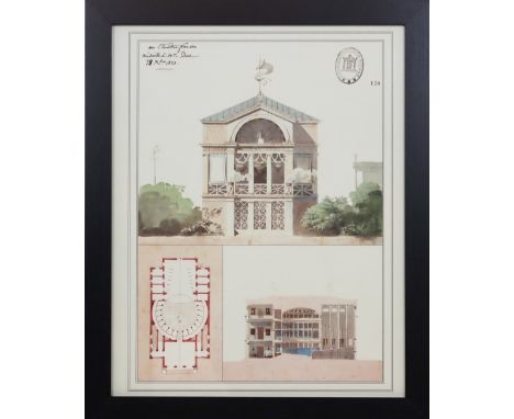 Architectural print stamped LBA. Sight: 17 3/4 x 12 3/4 in. Overall: 22 1/2 x 18 in. Please note that all sales are final. No