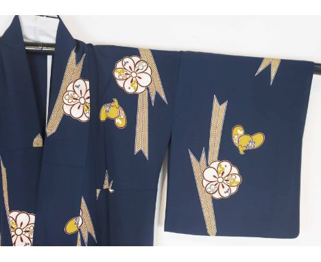 Navy blue Japanese vintage kimono with colorful flowers. The size is 66 x 54 in.The kimono is a traditional Japanese garment 