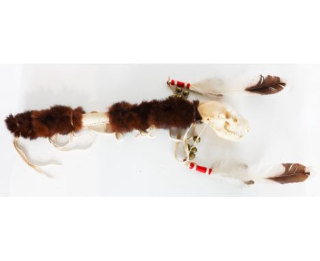 Native American ceremonial burial or spirit stick, with a fox head skull, fur, rawhide, feathers, bells.  Very powerful talis