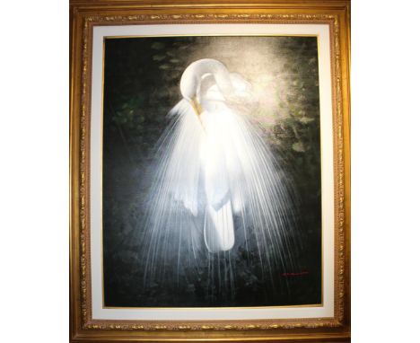Majestic painting of a Great Egret Preening, oil on canvas, excellent condition. Signed lower right.MP Elliott is a disciplin