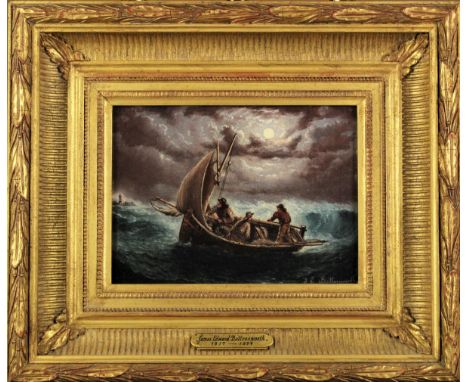 "Home Safe" (at Execution Rock), depicts a small sailing boat on rough waters under a moonlit night, with three fishermen bei