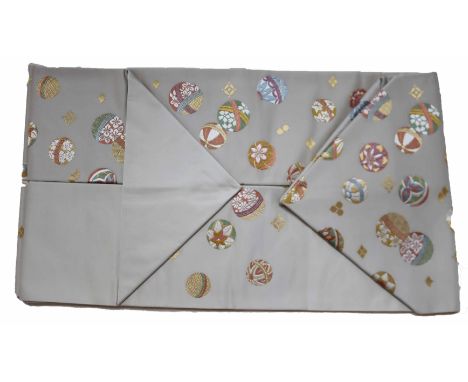 Japanese vintage obi in gray, orange and green embroidery. The size is 144 x 6 1/2 in. An obi is a belt worn with both tradit